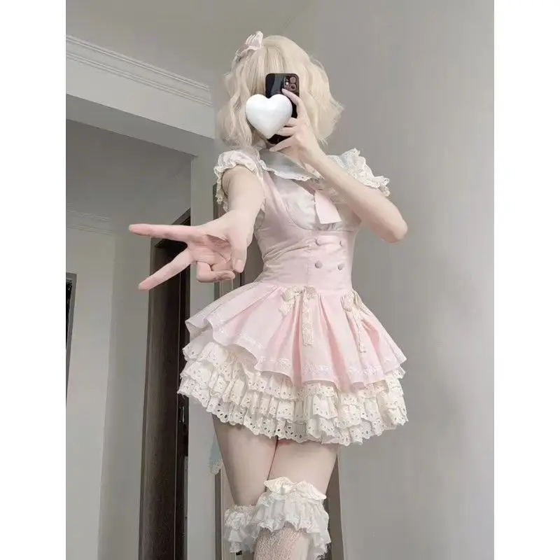 Lolita giapponese dolce JK set da 2 pezzi camicia da donna con colletto per bambola carina + gonna corta con cinturino per torta nuovo vestito chic alla moda Kawaii 2025