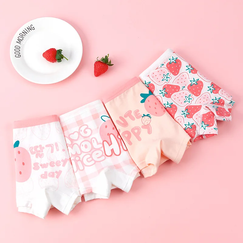 4pcs Girls Underwear Little Girl Boxer Shorts 5-14 Year Old Student Cartoon Underwear Cotton Strawberry Children Underwear