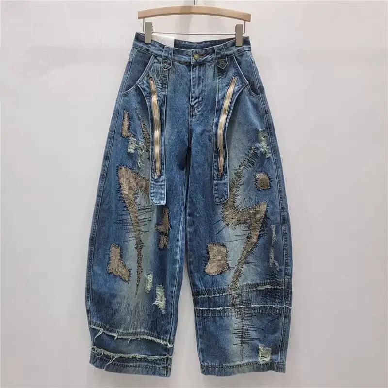 ANJY Herfst Amerikaanse Nieuwe High Street Vintage Zware Borduren Tij Jeans Unisex Niche Ontwerp Stijlvolle Wijde Pijpen Denim Broek A11460