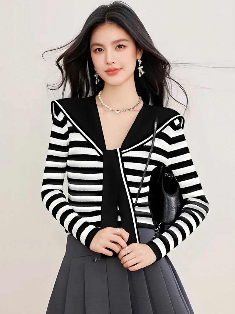

2025,New,European,Clothes,Fall,Winter,Sweater,Chic,Sexy,Vintage,Sailor collar,Stripe,Women,Long Sleeve,Knitted,Slim,Tops,510047