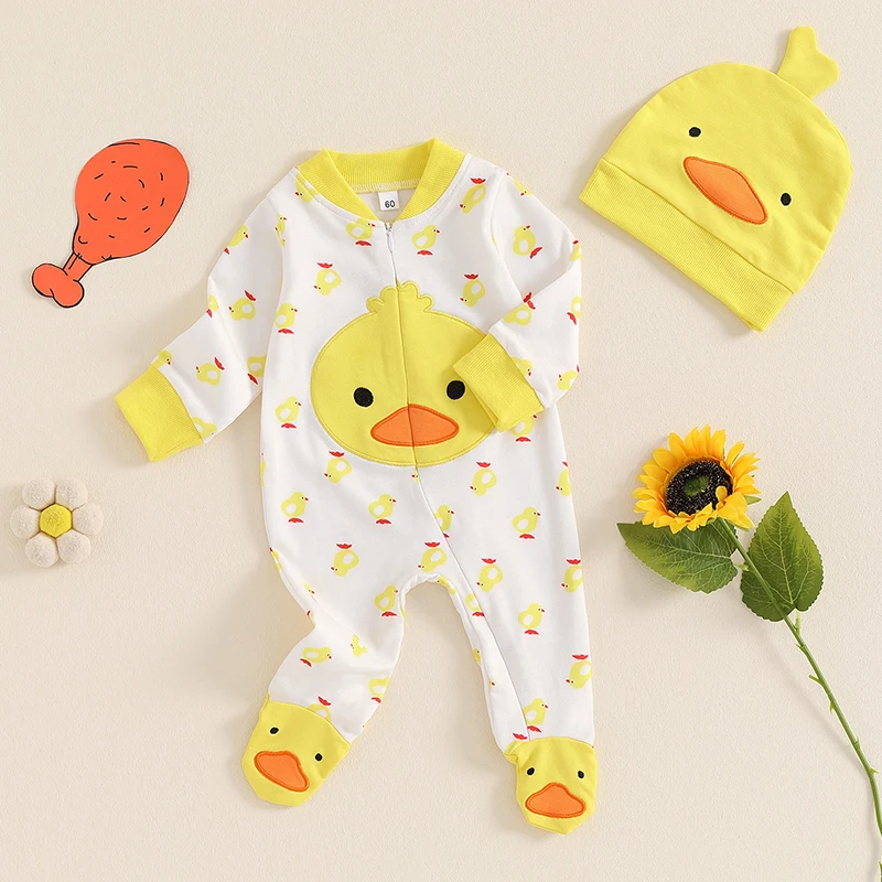 

Suefunskry Cute Newborn Boy Girl Cartoon Duck Footies Outfit, Long Sleeve Full Length Footed Jumpsuit Hat 2 Piece Set for Fall