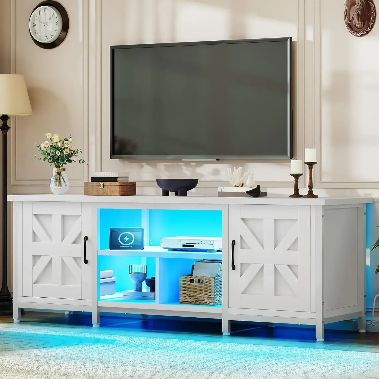 TV Stand with LED Lights & Charging Station, Farmhouse Entertainment Center with Storage Cabinets & Shelves, Cross-Pattern Doors