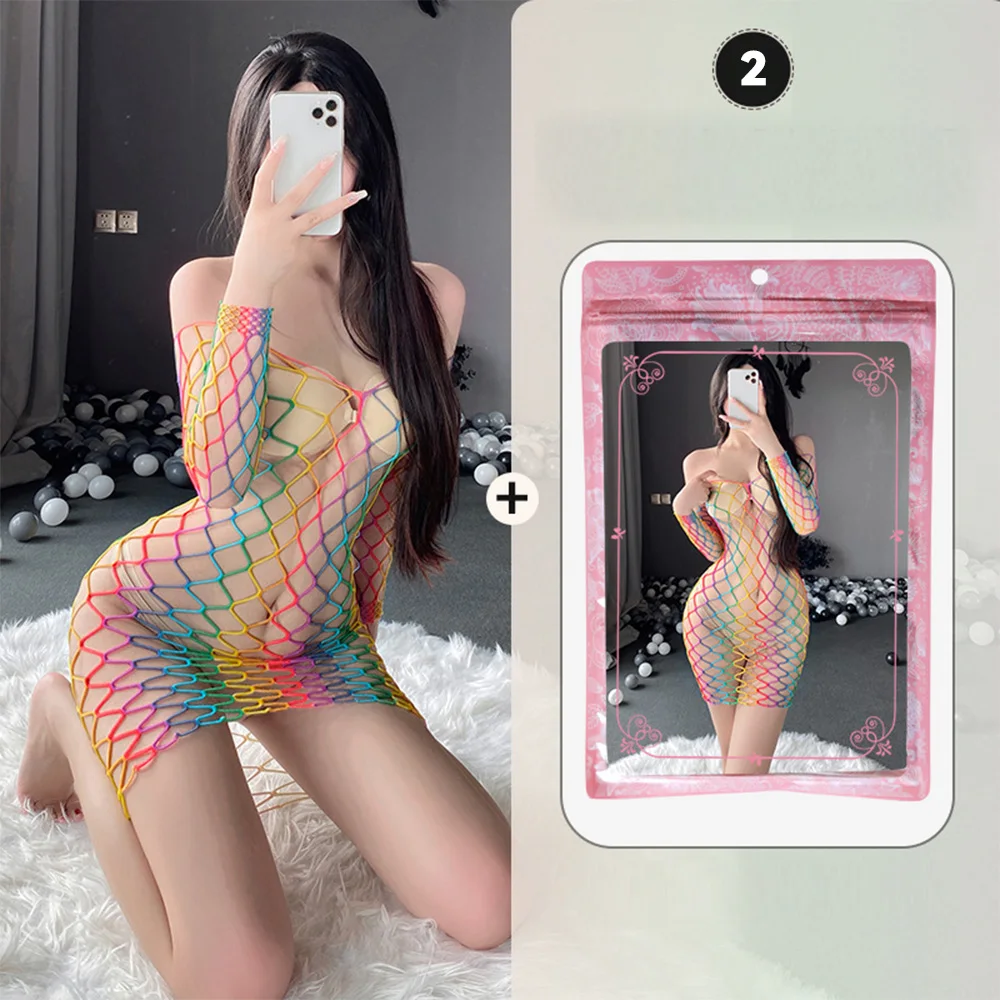 Sexy Lingerie for Women Fishnet Halter Chemise rainbow Hot Mesh Mini Dress Bodysuit through clothes Flirtation Erotic for couple