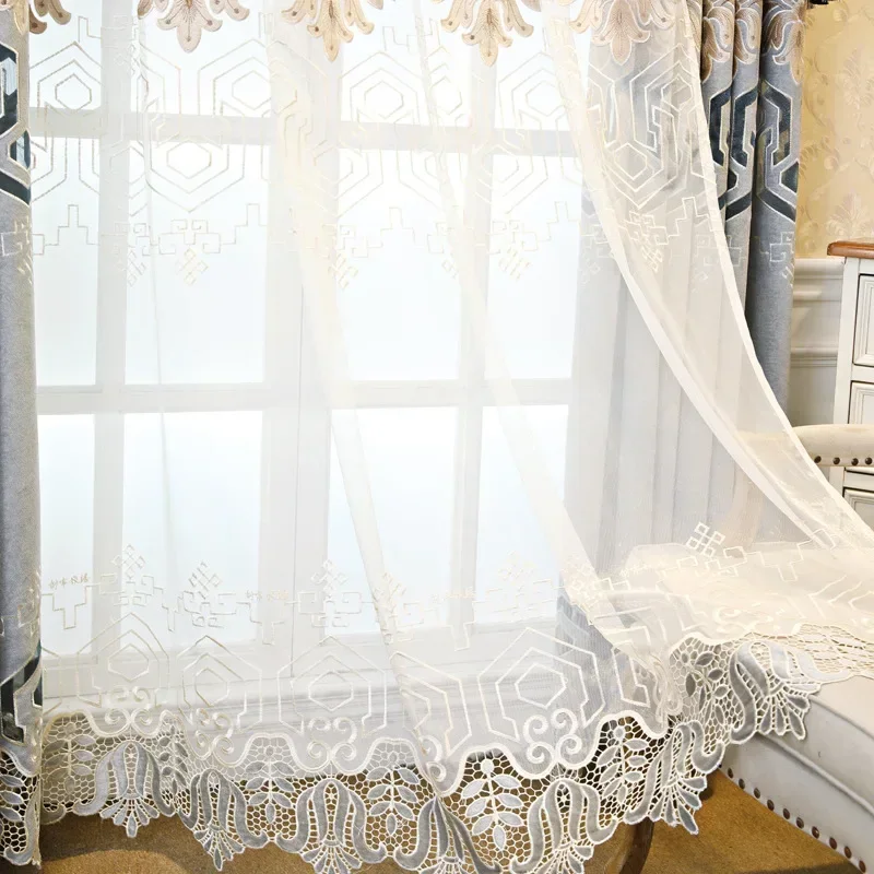 

European Style Hollow Curtain High-end Bay Window Luxury Shading Curtains for Living Dining Room Bedroom