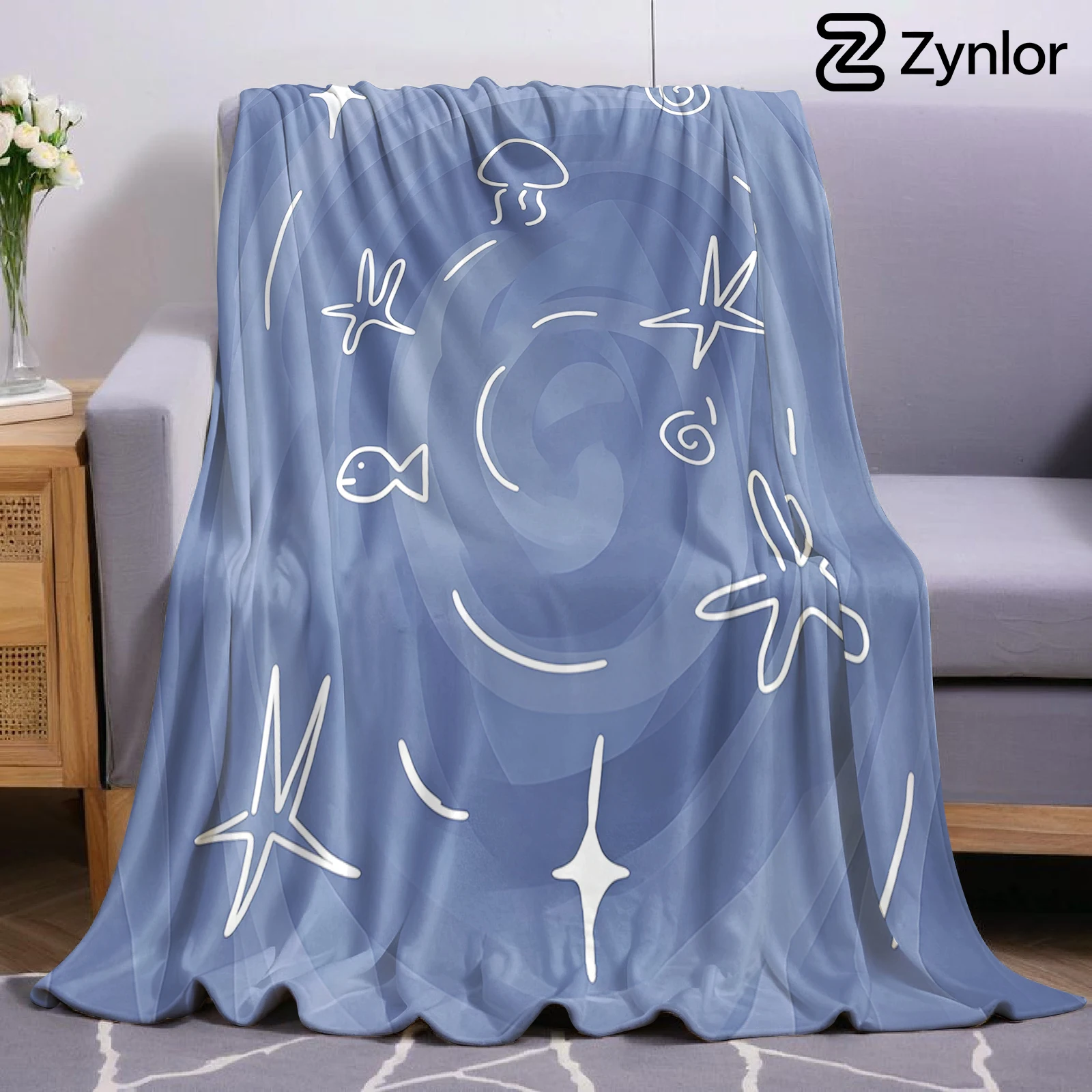 Ocean Life Line Art Lightweight Microfiber Flannel Blanket Soft Warm Cozy Throw All Season for Bed Sofa Office Travel Gift