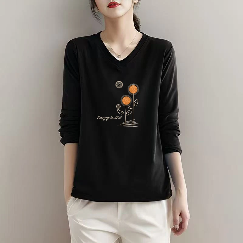 

Spring Autumn Pure Cotton Long Sve V-Ne Printed T-irt Casual Slimming Casual Sle Women's Top Base Layer irt