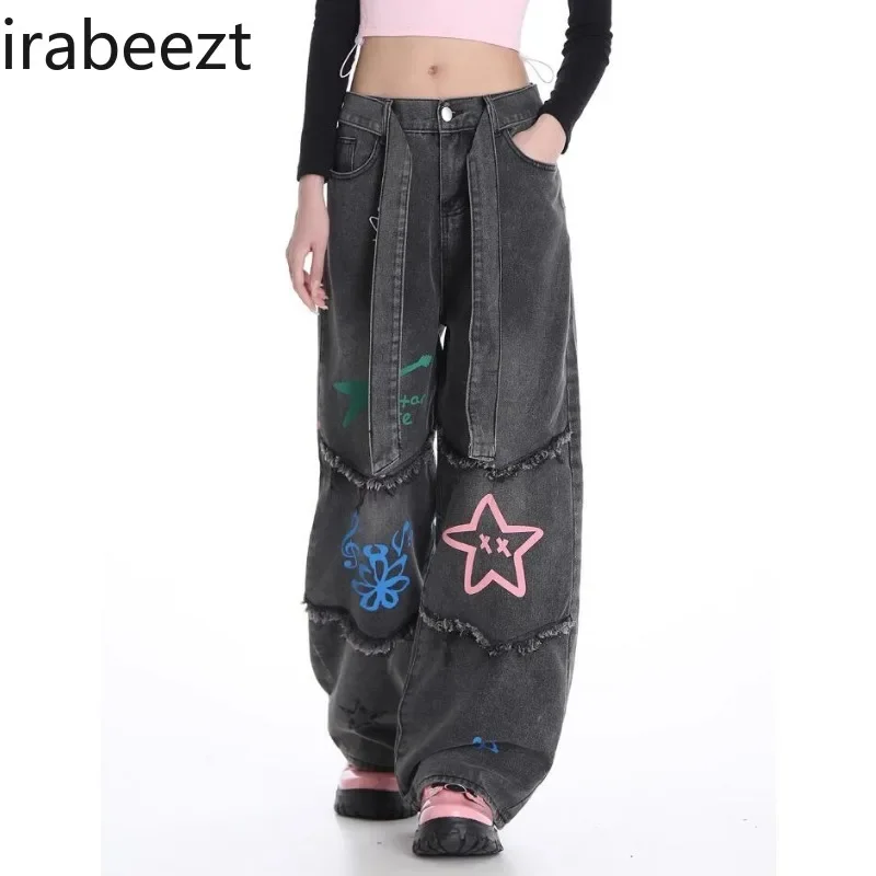 Ladies Jeans Streetwear Colorful Fun Printed Waist Cord Decoration Raw Edge Washed Gray Straight Wide Leg Pants Women\'s Clothing