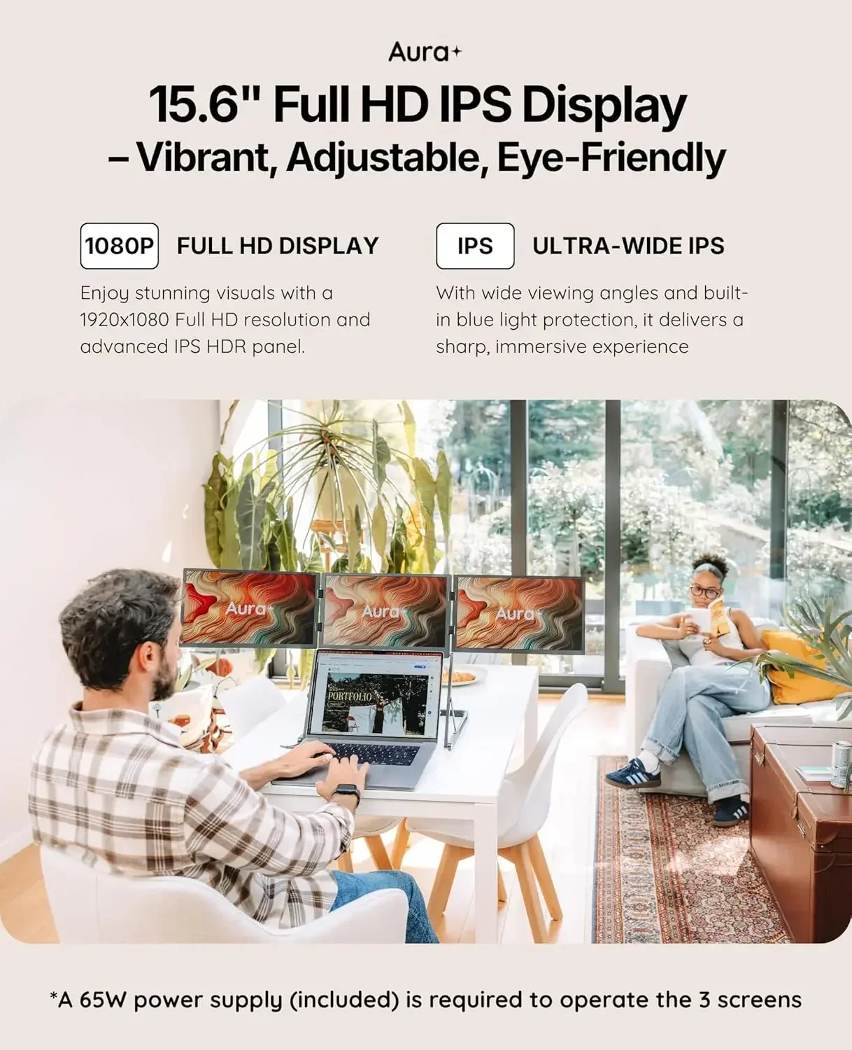 Monitor Extender | Full Aluminum | Quad Screens | 3×15.6” FHD 1080P HDR IPS | USB-C & HDMI | Compatible with 11-18” Laptops view 3