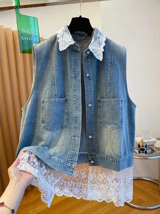 

Loose Women's Denim Lace Patchwork Vest Summer Faionable Svel Top Cover Butt Button up Single Color Collar