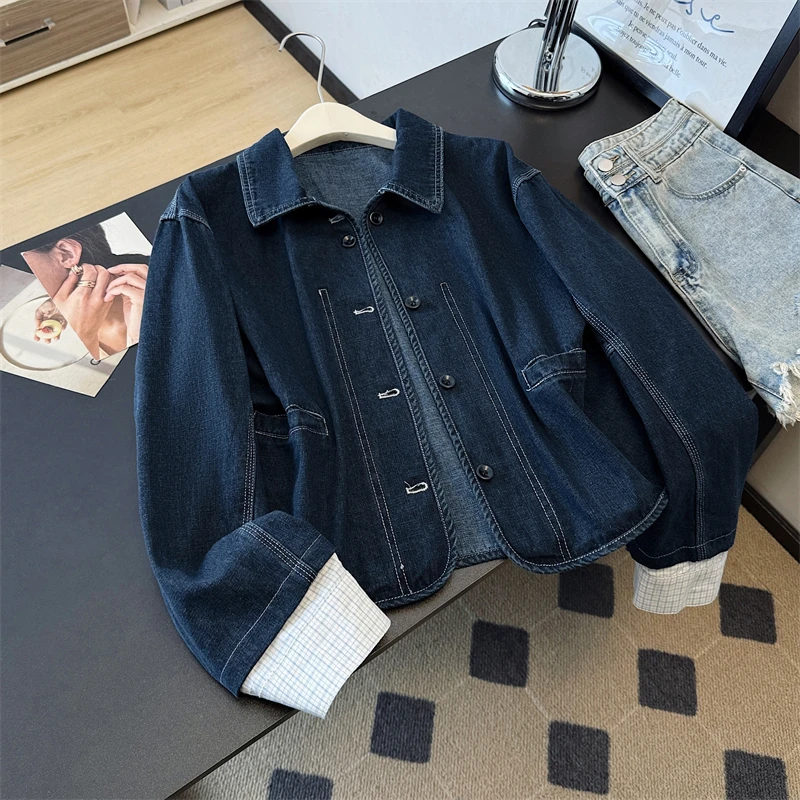 

Осенняя новая женская винтажная темно-синяя короткая джинсовая куртка, повседневная модная клетчатая лоскутная женская джинсовая куртка с длинными рукавами, уличная одежда