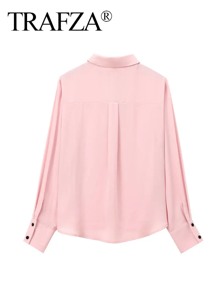 TRAFZA Female Casual Chic Shirts Pink Turn-Down Collar Long Sleeve Bow Decorate Single Breasted Autumn Blouses Woman 2024 Trendy