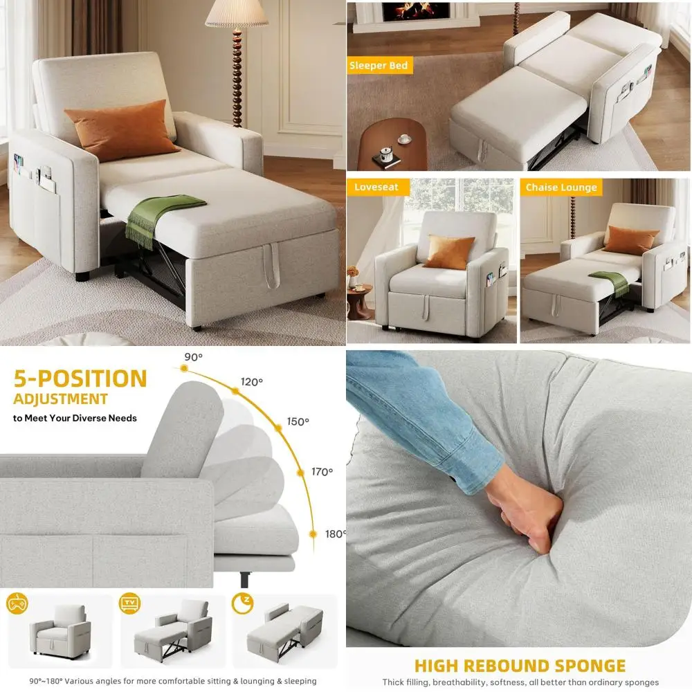 3-in-1 linen sleeper sofa chair bed with pull-out bed, reclining backrest, and wide armrests for modern living