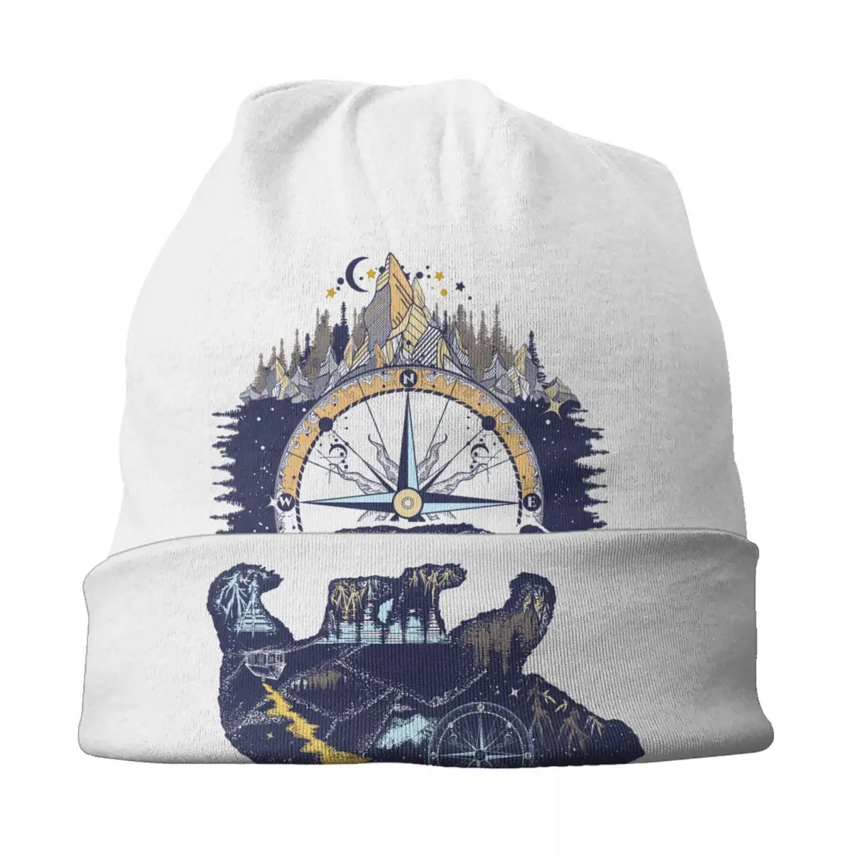 Custom Bear And Mountains Adventure Compass Skullies Beanies Caps Men Women Unisex Trend Winter Warm Knit Hat Adult Bonnet Hats