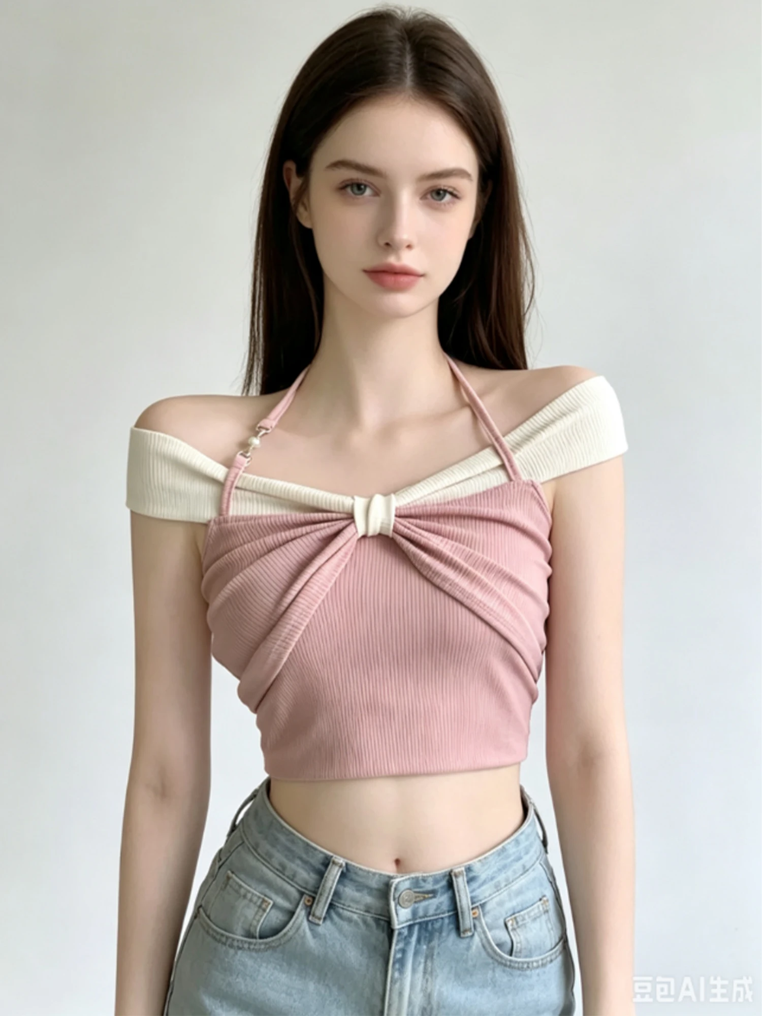 Women's Pink Off Shoulder Backless Halter Cropped T-shirt Slim-fit Y2K Gyaru Short Sleeve T-shirt Spliced Knit Crop Top Summer