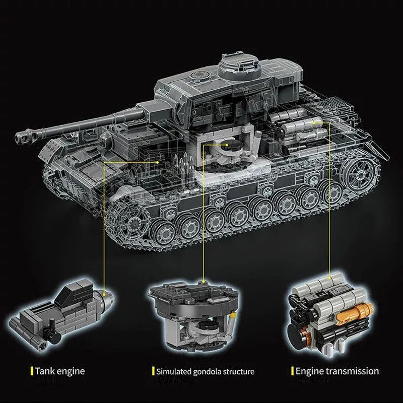 Military Technicial PzKpfw IV Ausf. F2 Panzer Building Blocks WW2 Heavy Tank 4 Figures Brick Model Kit Adults Kids Gifts 1419PCS