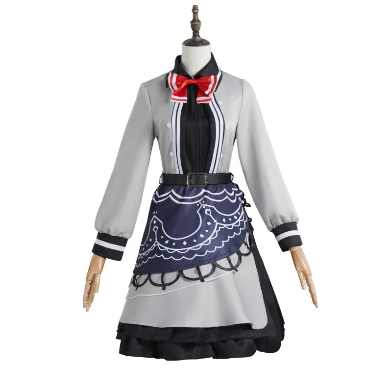 Gray And Black Detective Cosplay Costume With Decorative Apron Panel Long Sleeve Top And Red Bow For Anime Convention Wear