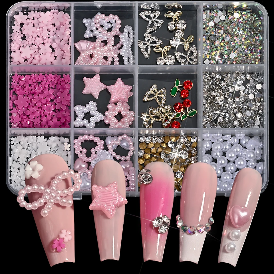 12 compartimentos de adornos 3D mixtos de perlas, estrellas, corazones, lazos, aleación de mariposas, cerezas, decoración de arte de uñas con pedrería, accesorios de manicura Y2K 4