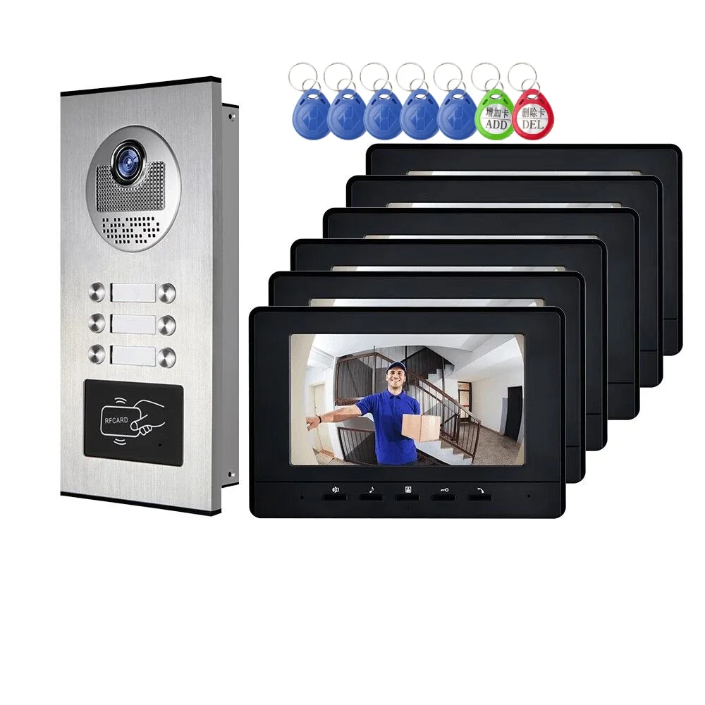 

2 to 12 Units Video Doorbell Intercom Black Monitor for Multi-apartment RFID Unlock High Building Video Door Phone System