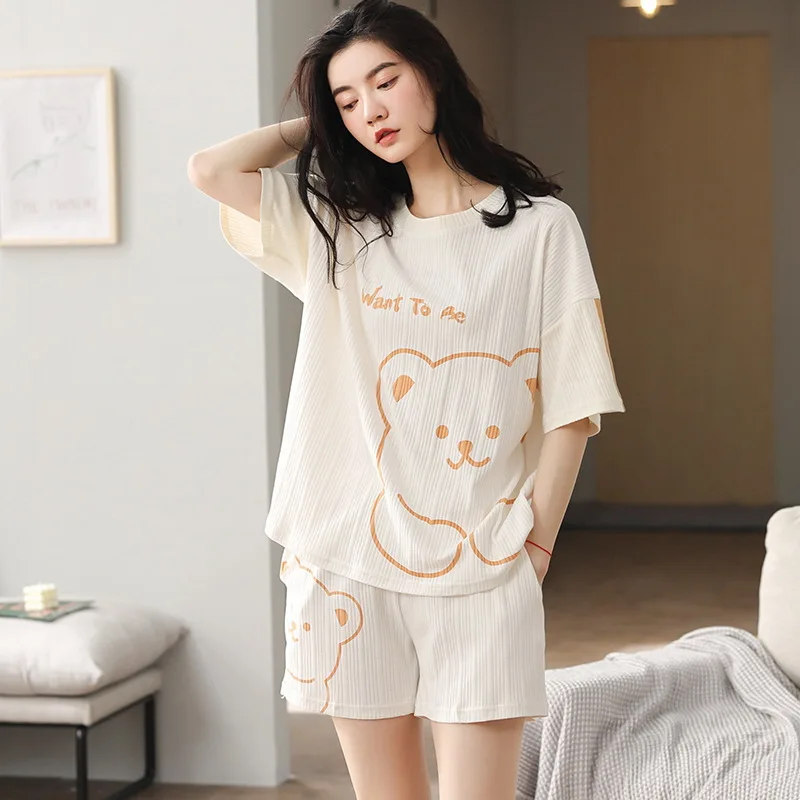 100% Katoenen Pyjama Set Vrouwen Korte Mouwen Vrouwen Gedrukt Pyjama Set Meisjes Casual Shorts T-shirt Nachtkleding Nachtkleding Set Femme