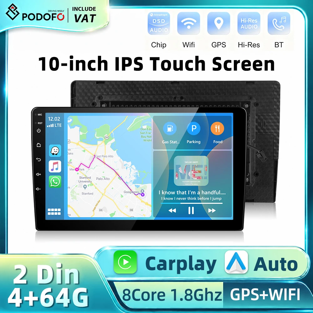Podofo Doppel-DIN 10 Zoll Android Auto Autoradio 8-Kern 4+64G IPS Touchscreen Eingebauter DSP Drahtloses Carplay Android Auto Multimedia Smart Car System Mirror Link WIFI GPS FM/RDS Radio
