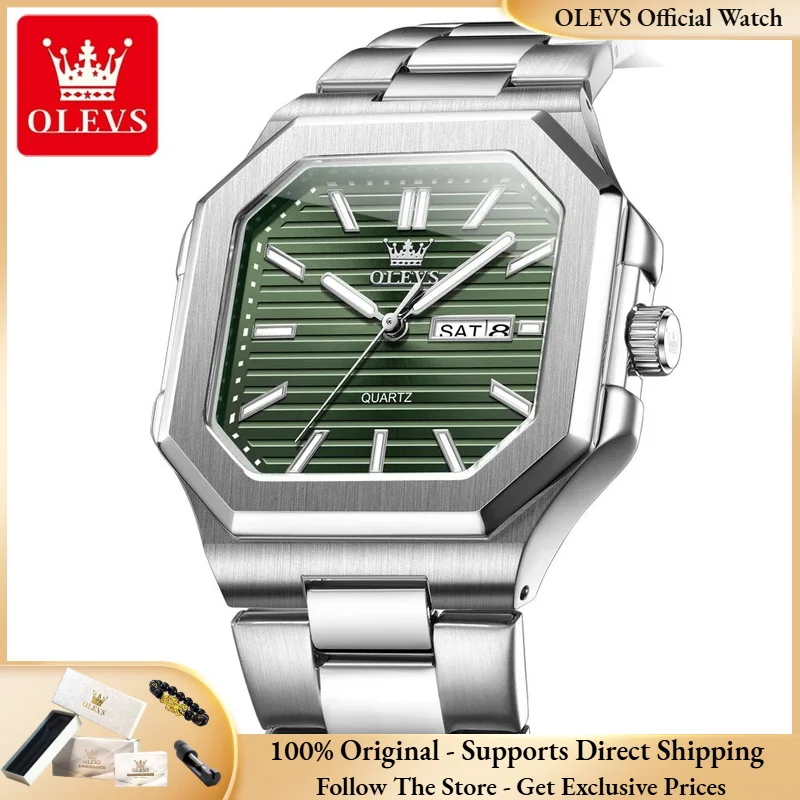 OLEVS 3731 Men Watch Fashion Casual Square Quartz Watch Original Stainless Steel Waterproof Luminous Automatic Date Men Watch