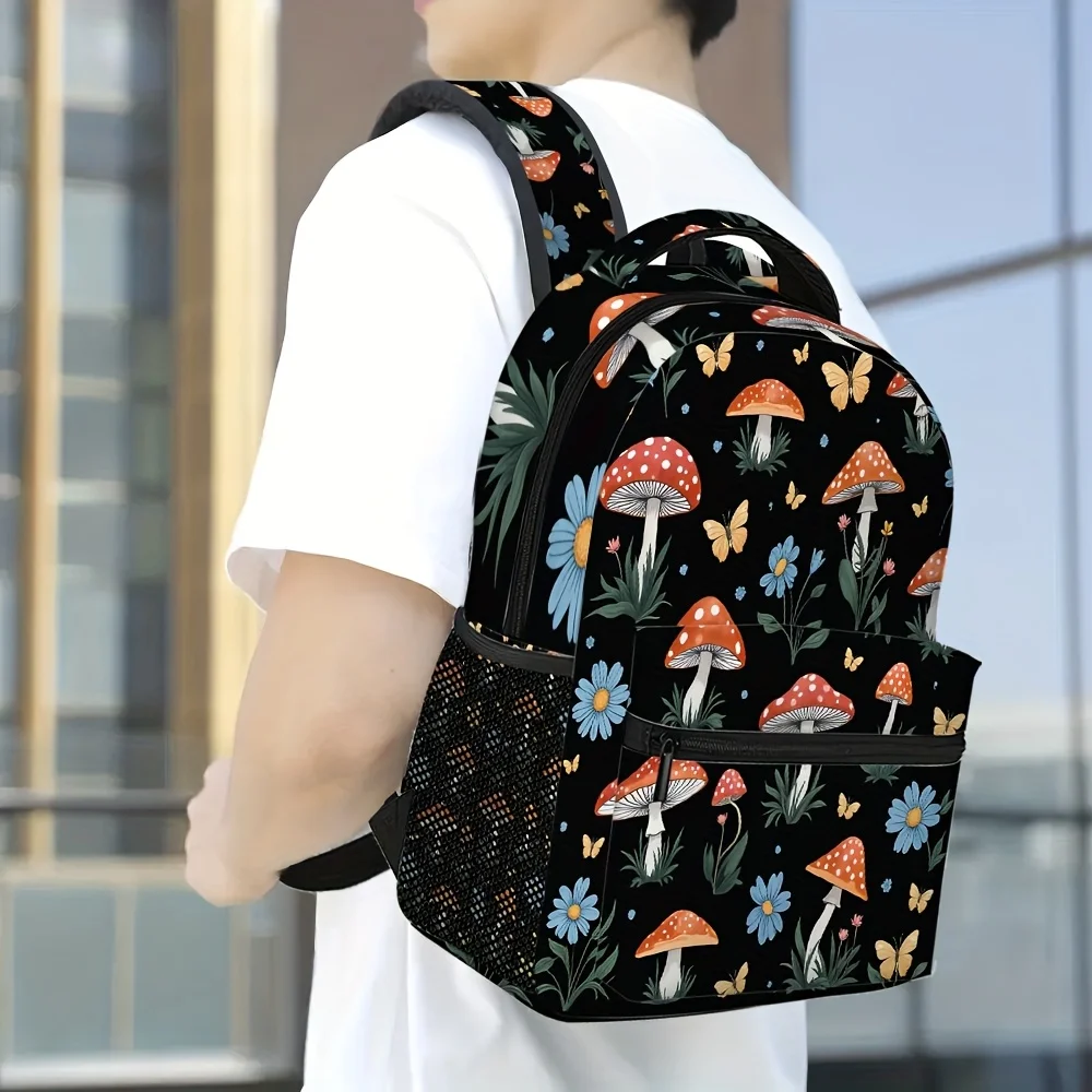Black Mushroom Butterfly Print Backpack Lightweight Hand Washable Vibrant Floral Fungal Design Durable Zippers