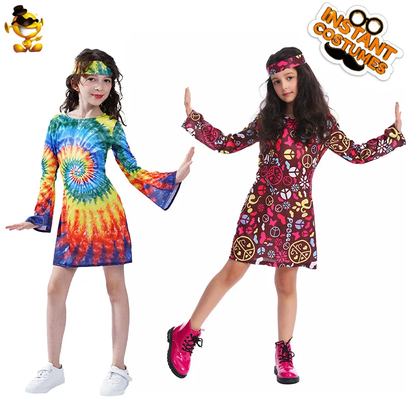 Little Girl Child Hippie Costume American Vintage Dazzle Colorful Hippie Skirt Stage Performance Costume Headband Dress 2pcs