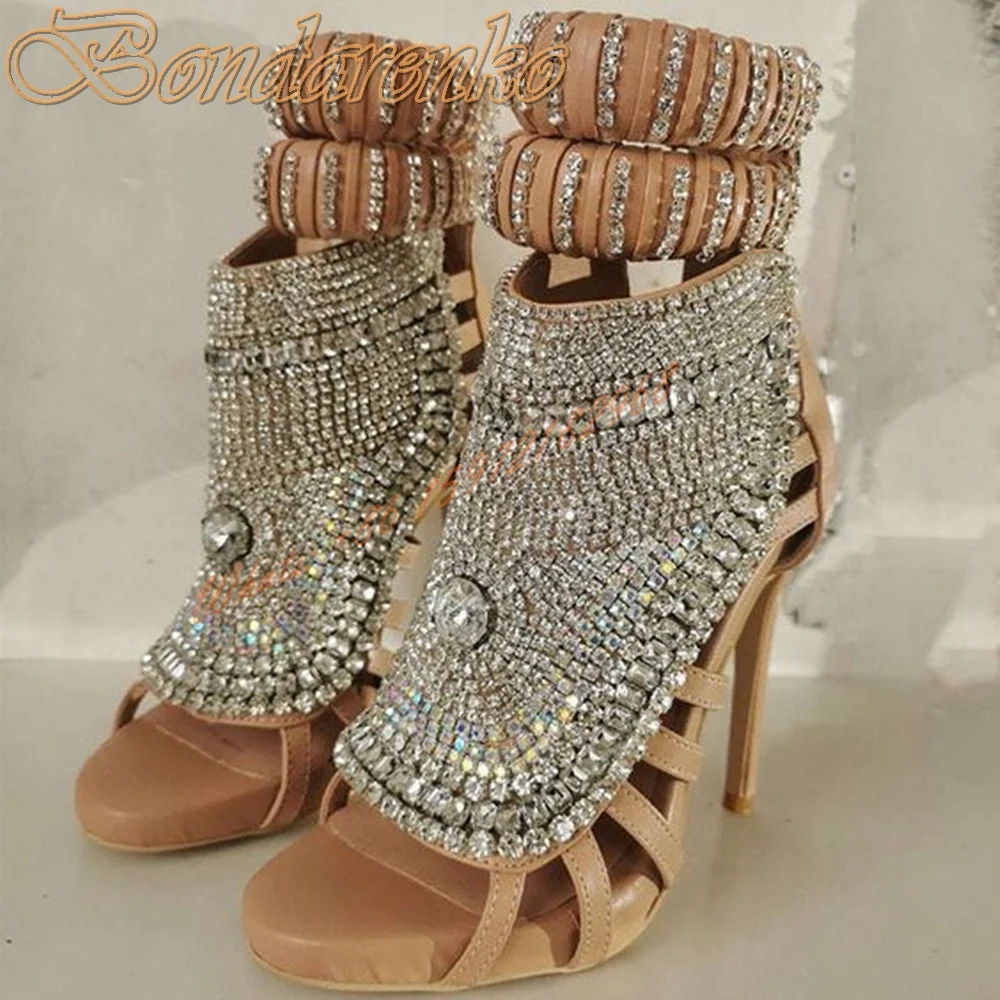 Studded Crystal Straps Sandals Open Toe Hollow Women Sexy Shoes Stiletto Heels Back Zipper Summer Party Runway New Style Sandals