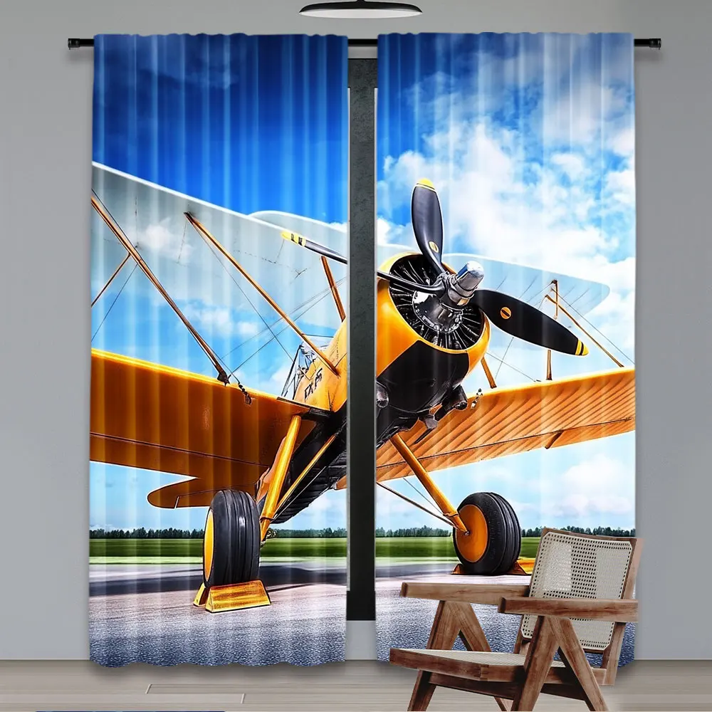 2Pcs Yellow Aircraft Curtain Blue Sky Green Grass Biplane Curtain Suitable For Pilot Party Bedroom Livingroom