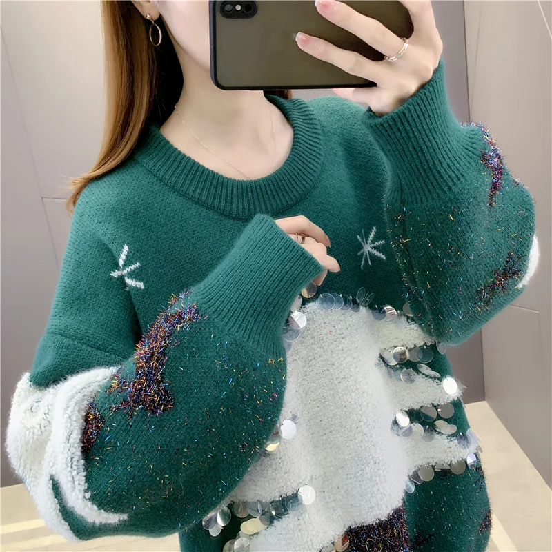 Winter Christmas Sweater Knit Coats Women\'s Sweater Pullover Couple Outfit Korean Fashion Loose Sequins Jacquard New