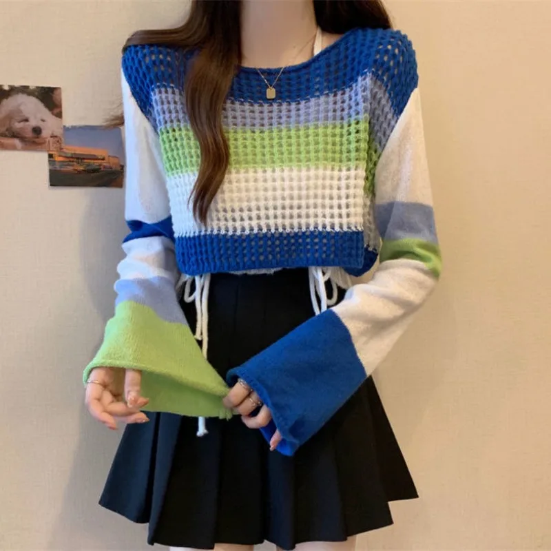 Cropped Pullovers for Women Colorful Hollow Out Cute Youths Spring Fashion Loose Sweet Knitwear Casual All-match Harajuku Girls