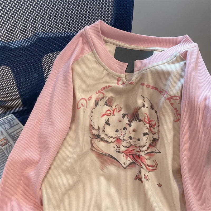 Fashion Vintage T Shirts Contrast Color Cartoon Letter Print Tops Long Sleeve Spring Tees Casual Loose Sweet Women Clothes 2023