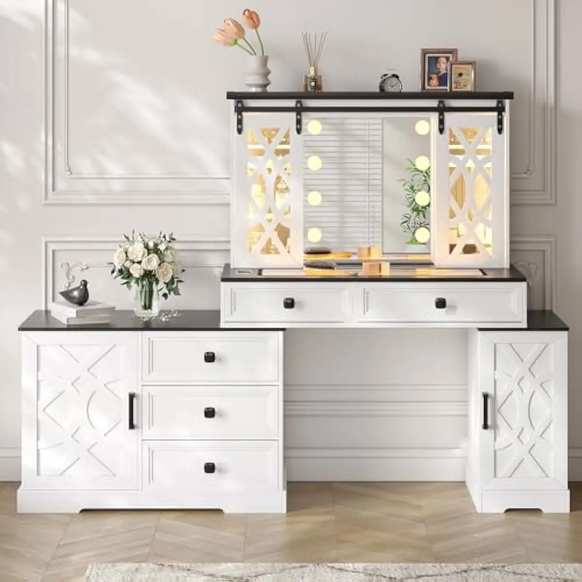 Farmhouse-inspired vanity unit with adjustable LED mirror lighting 5 drawers 9 open shelves sliding glass doors tempered tableto