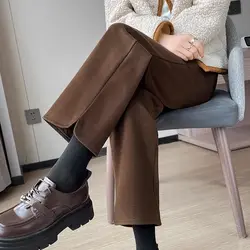Autumn Winter Women Woolen Suit Pants Solid Elastic Waist Pockets Fashion Casual Loose Straight Wide Leg Ankle Length Trousers