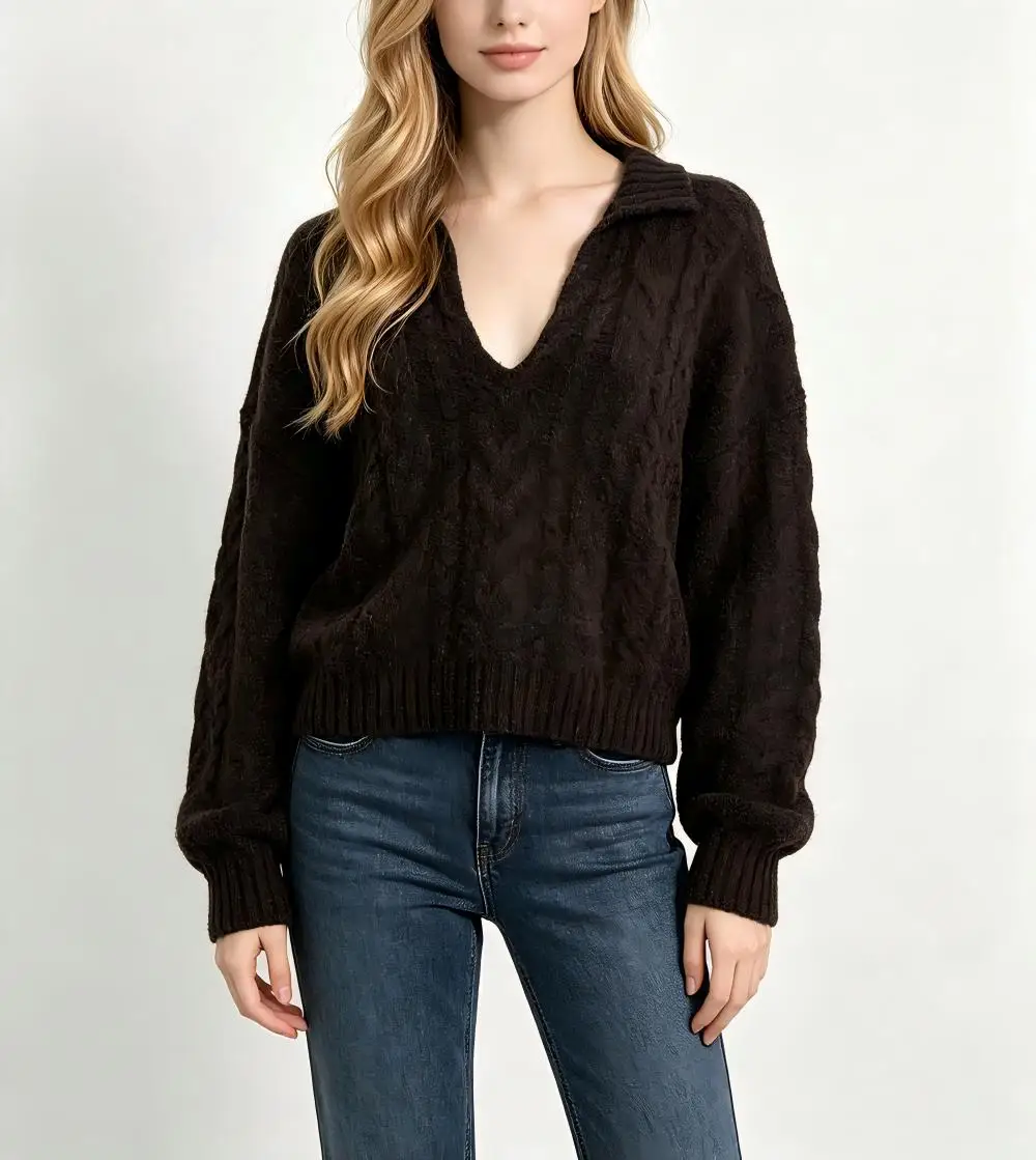 European American Style Women Cable Knit Sweater Loose Lapel Pullover Autumn Winter Casual Top