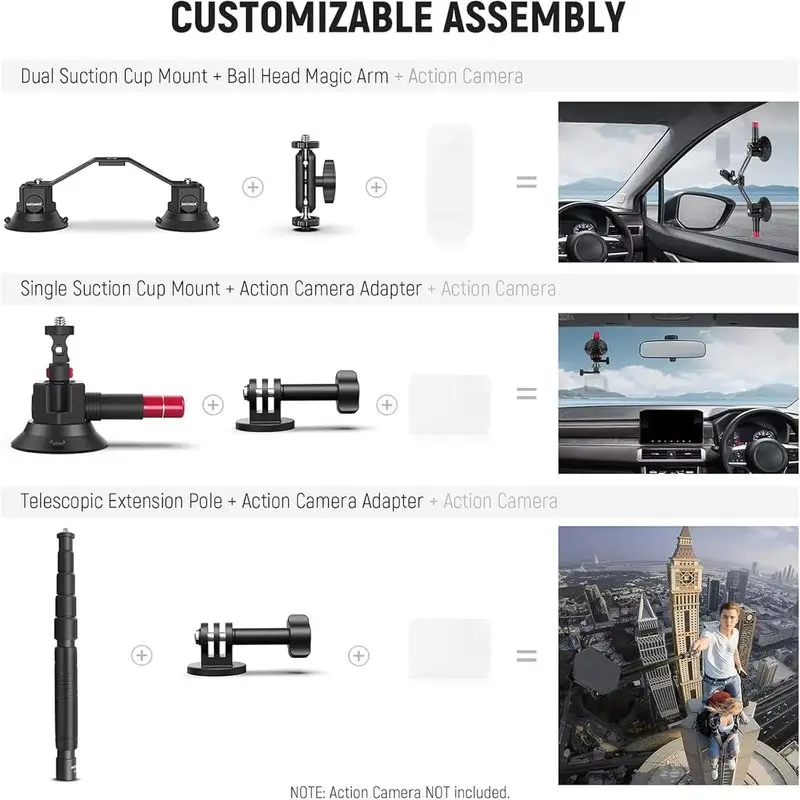 Neewer Triple Suction Cup Car Mount Kit With Action Camera Adapter,2in1 Extension Pole Selfie Stick For Gopro Insta360 Ca065