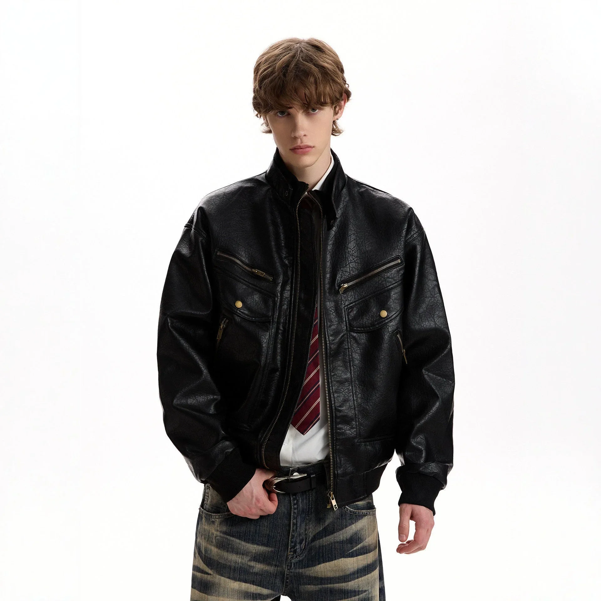 American-style street retro textured PU leather jacket for men, high-end, windproof and warm motorcycle coat