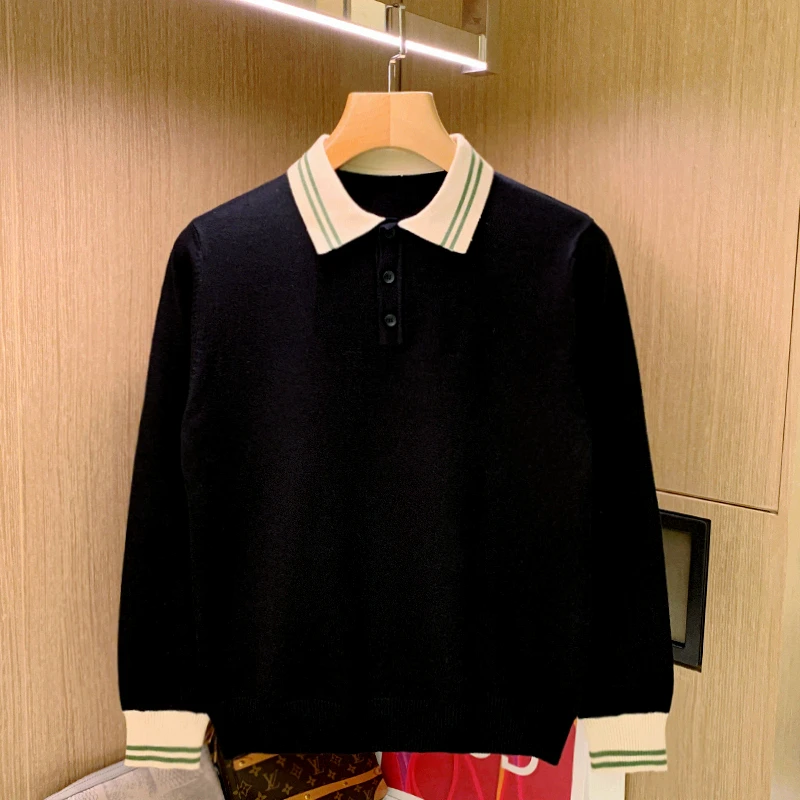 British Retro High-End Color Block Slim Fit  Shirt Men's Luxury Fashion Youth Knitted Long Sleeve Turn-down Collar Top
