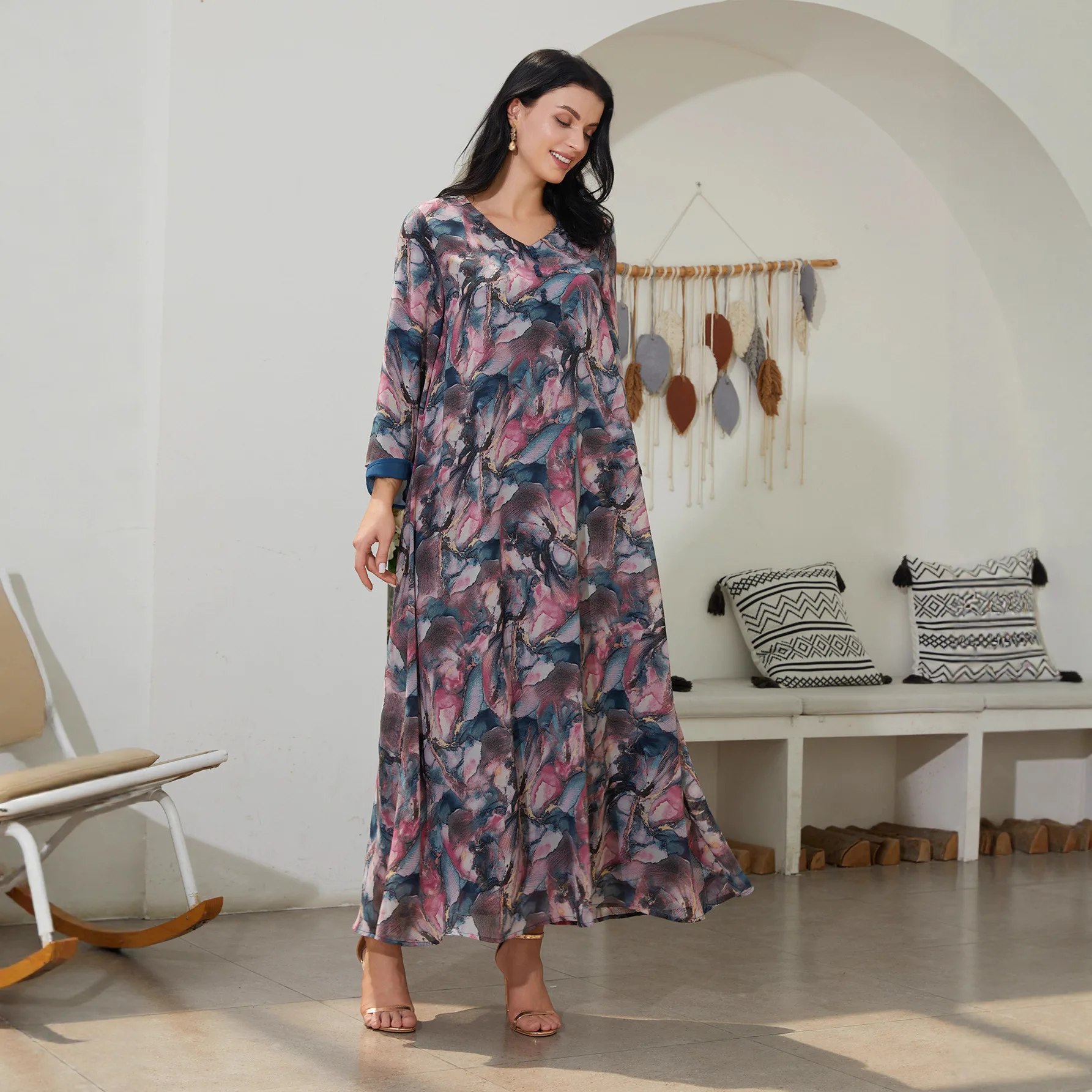 

Muslim New Fashion Women's Plus Size Casual Trendy Basic Loose V-neck Long Sleeve Mixed Abaya Dress Female Arab Dubai Clothes