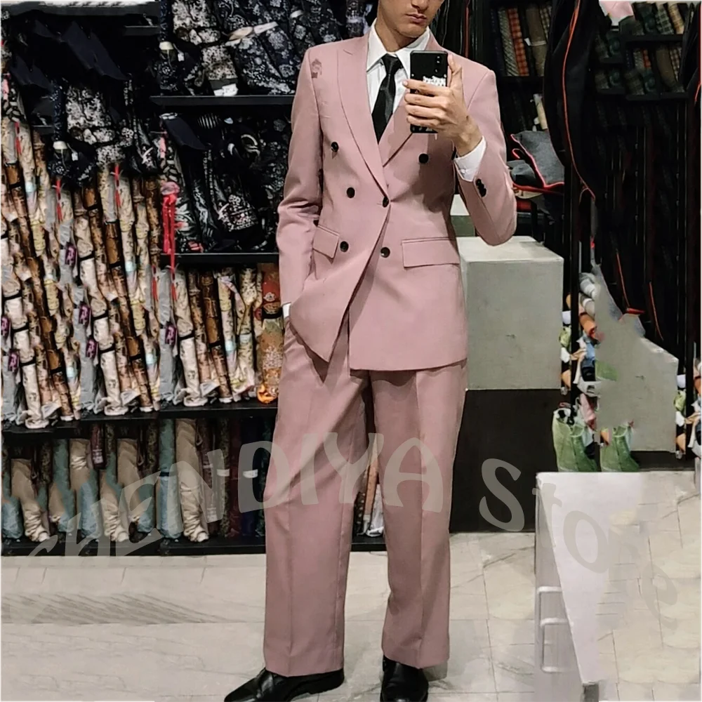 

Elegant Double Breasted Men Suit Peak Lapel Blazer Straight Pants Stylish Look Daily Office Party Casual Fashion 2 Piece Sets