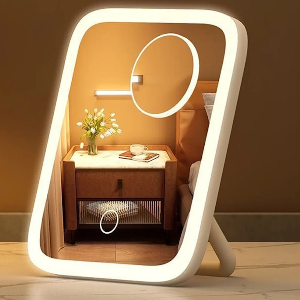 Miroir de maquillage LED, lumière 3 couleurs, 360 °   Rotatif, commande tactile, alimenté par USB, miroir de courtoisie de table pour chambre à coucher, salle de bain, voyage