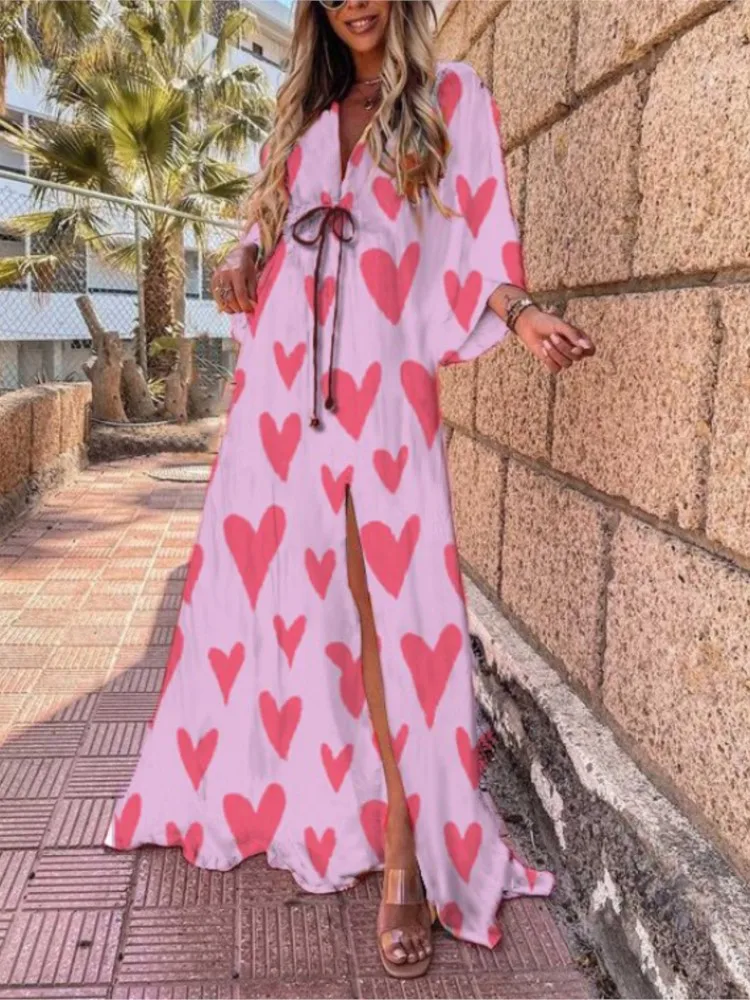 2024 Spring Summer Printed Long Dresses For Women Fashion V-neck Bohemian Beach Slit Dress Casual Vacation Ladies Maxi Vestidos