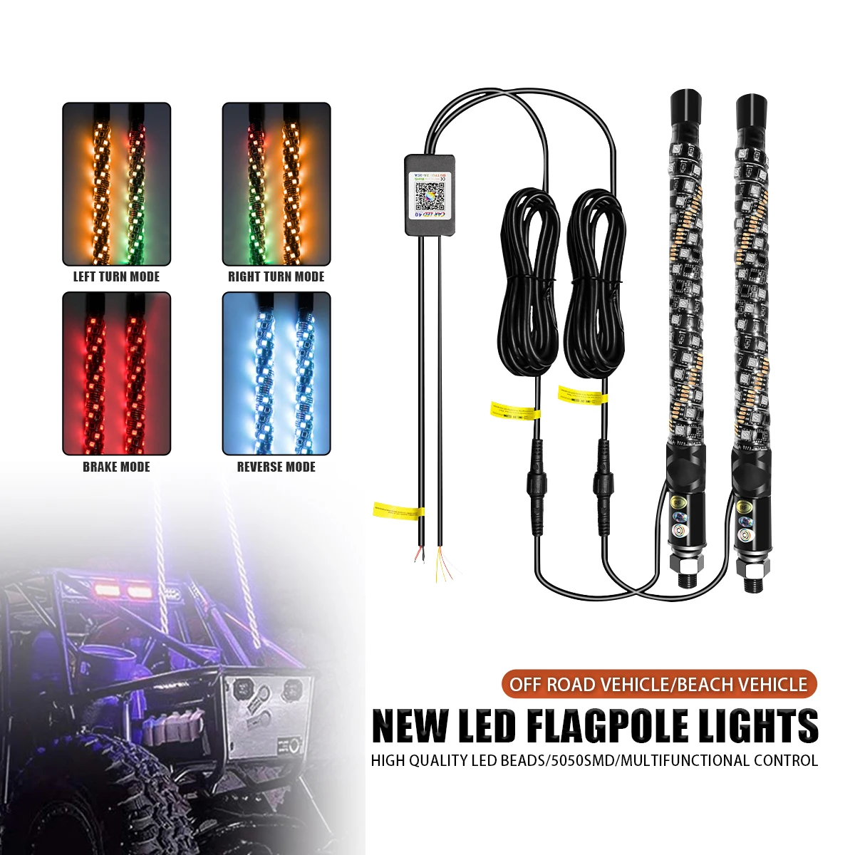 2PCS 1FT Fat Bluetooth And Remote Control Spiral LED Whip Lights Lighted Antenna Whips for ATV Polaris RZR