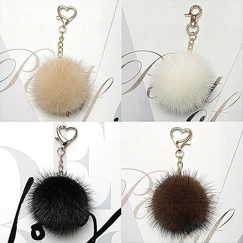 Mini Real Mink Fur Ball PomPom 9 Colors Genuine Mink Fur Keychain Heart Shape Metal Key Ring Pendant Bag Charm Women X180