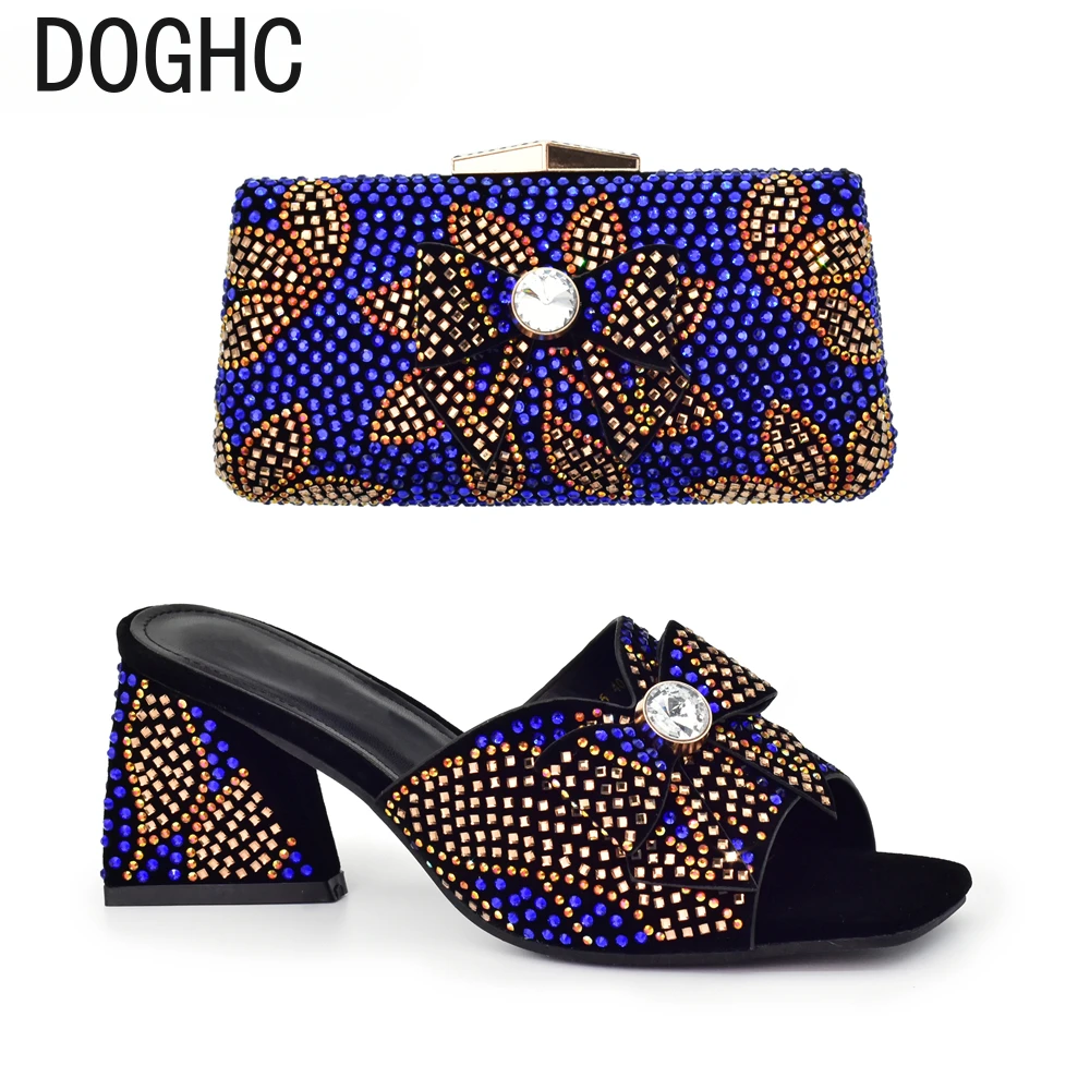 

Latest Nigeria Shoes and Bags Elegant Party Low Heels Nigeria Popular Design African Ladies Shoes and Bag Set with Full Diamond