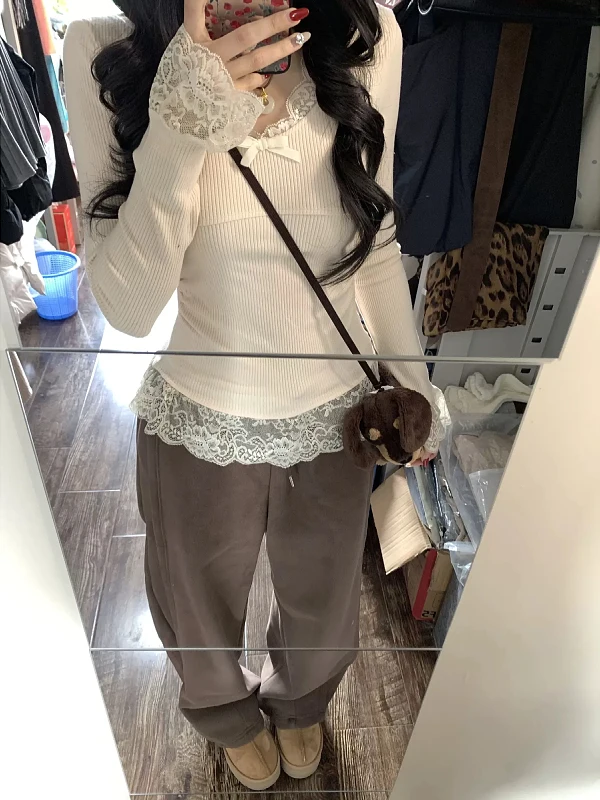 

Женская футболка больших размеров с длинным рукавом, с узлом, облегающая, для ношения под одеждой, в корейском стиле, однотонная, с V-образным вырезом, для повседневной носки