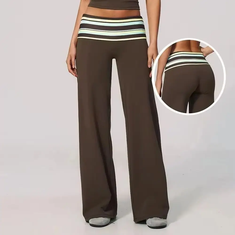 Polka Dots And Stripes Yoga Wide Leg Pants Women Fold Over Waist Bell Bottoms Push Up Fitness Gym Workout High Waist Sport Pants