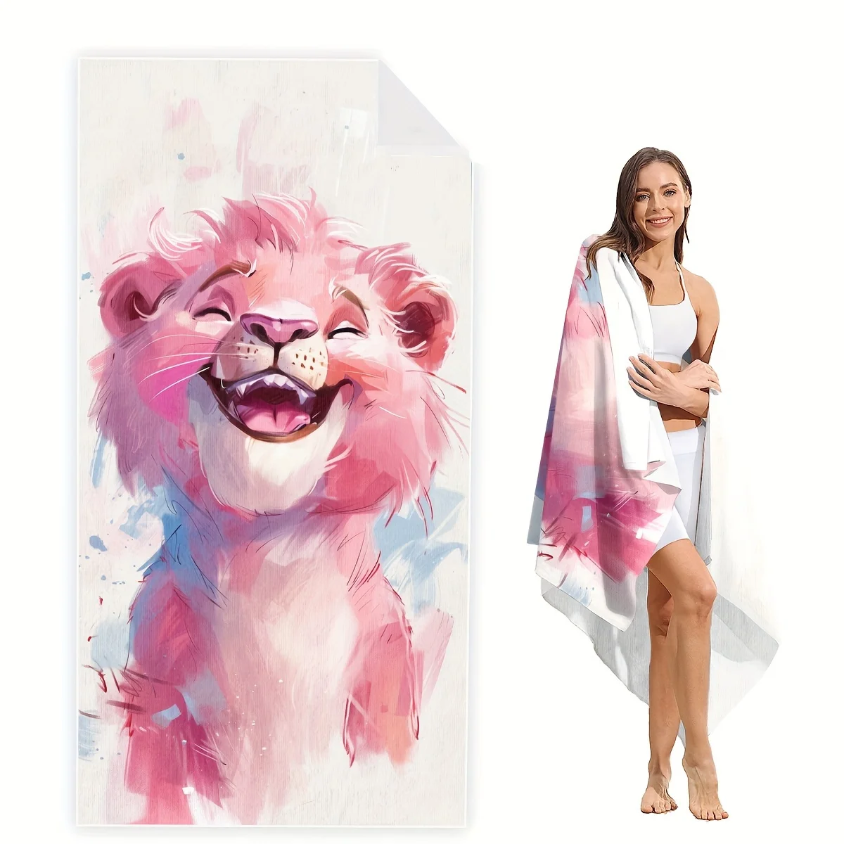 

Lion Cartoon Soft Absorbent Beach Towel Large Lightweight Sun Protective for Swimming Travel Camping Machine Washable Polyester