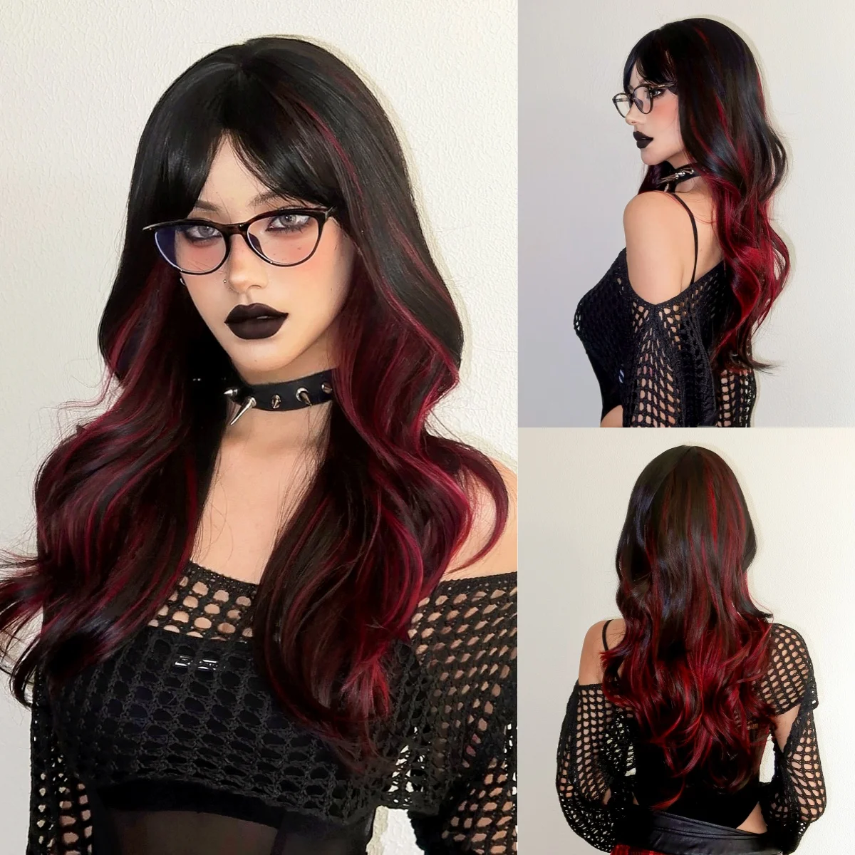 LOUIS FERRE rouge mettre en évidence noir Cosplay Halloween perruques longue ondulée perruque synthétique pour les femmes fête utilisation naturelle fibre résistante à la chaleur