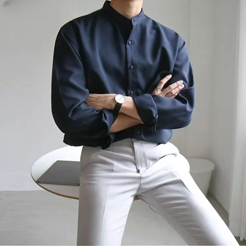 2023 Men Spring Autumn Fashion Stand Collar Solid Shirts Men Long Sleeve Business Casual Shirts Male New Loose Blouses I170